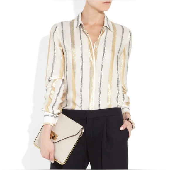 STELLA MCCARTNEY • Gold and Black Striped Silk Button-Down Shirt - Picture 1 of 16